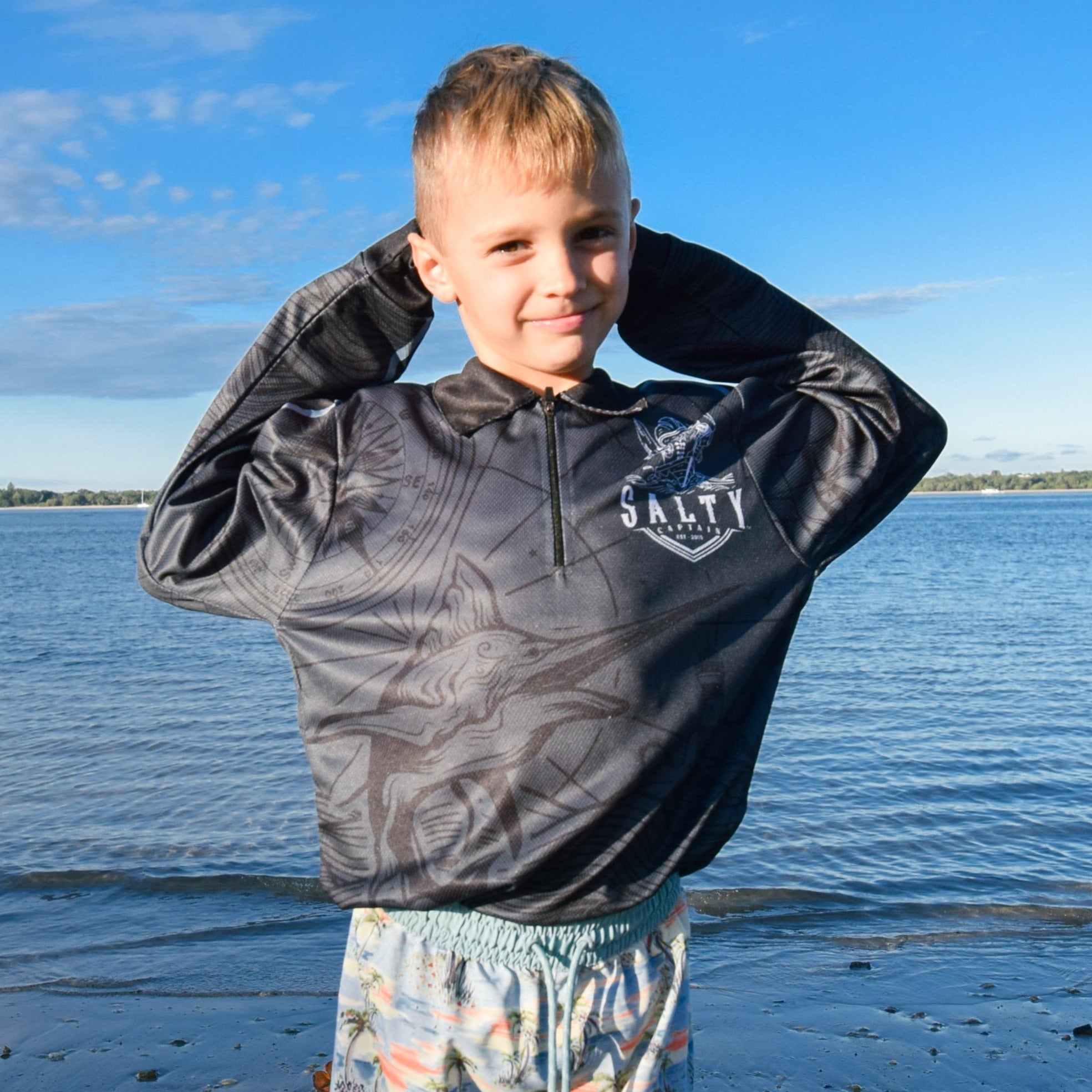 Salty Captain Fishing Shirt - Kids - Grey/Black