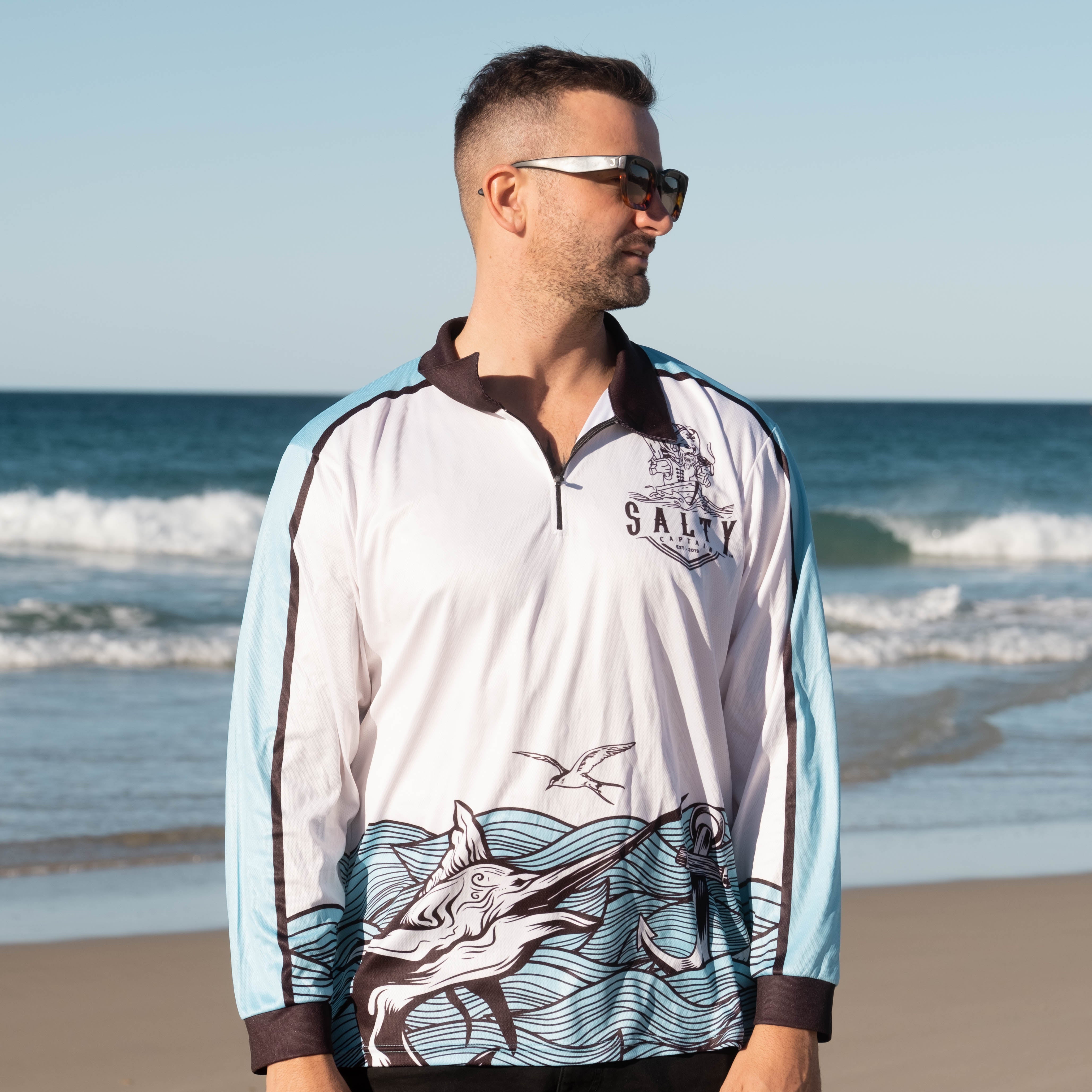 Salty Captain Fishing Shirt - Blue/White